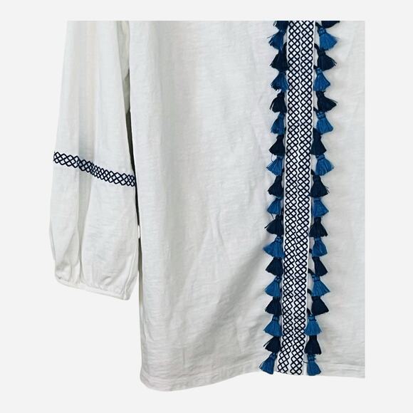 Boden Alison Tunic Top Sz L Pullover Tassels Embroidered Boho Coastal Blue White - Picture 5 of 11